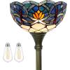 imageWERFACTORY Tiffany Floor Lamp Blue Lotus Flower Stained Glass Light 12X12X71 Inches Pole Torchiere Standing Corner Torch Uplight Decor Bedroom Living Room Home Office S220 Series
