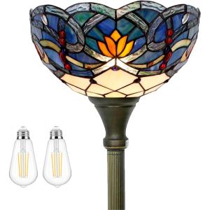imageWERFACTORY Tiffany Floor Lamp Blue Lotus Flower Stained Glass Light 12X12X71 Inches Pole Torchiere Standing Corner Torch Uplight Decor Bedroom Living Room Home Office S220 Series