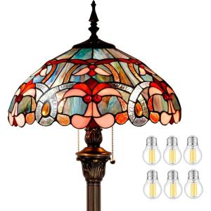imageWERFACTORY Tiffany Floor Lamp Blue Pink Stained Glass Standing Reading Light 16X16X64 Inches Antique Pole Corner Lamp Decor Bedroom Living Room Home Office S830B Series