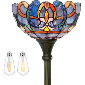 imageWERFACTORY Tiffany Floor Lamp Blue Purple Cloud Stained Glass Light 12X12X71 Inches Pole Torchiere Standing Corner Torch Uplight Decor Bedroom Living Room Home Office S558 Series Blue Purple
