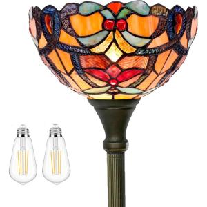 imageWERFACTORY Tiffany Floor Lamp Orange Liaison Stained Glass Light 12X12X71 Inches Pole Torchiere Standing Corner Torch Uplight Decor Bedroom Living Room Home Office S617 Series