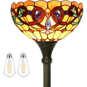 imageWERFACTORY Tiffany Floor Lamp Serenity Victorian Stained Glass Light 12X12X71 Inches Pole Torchiere Standing Corner Torch Uplight Decor Bedroom Living Room Home Office S021 Series