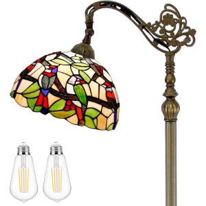 imageWERFACTORY Tiffany Floor Lamp Amber Double Birds Stained Glass Arched Lamp 12X18X64 Inches Gooseneck Adjustable Corner Standing Reading Light Decor Bedroom Living Room S805 Series