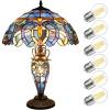 imageWERFACTORY Tiffany Style Table Lamp Blue Purple Cloudy Stained Glass MotherDaughter Vase Lamp 16X16X24 Inches Desk Reading Light Decor Bedroom Living Room Home Office S558 Series