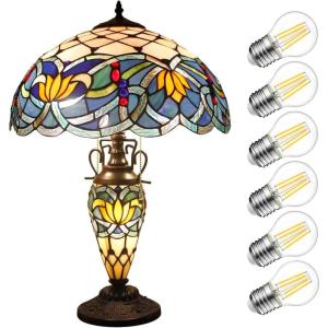 imageWERFACTORY Tiffany Lamp Blue Stained Glass Lotus MatherDaughter Vase Table Lamp 16X16X24 Inches Antique Desk Reading Light Decor Bedroom Living Room Home Office S220 Series