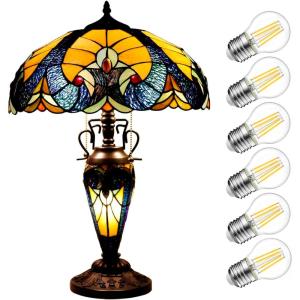 imageWERFACTORY Tiffany Lamp Yellow Stained Glass Liaison MatherDaughter Vase Table Lamp 16X16X24 Inch Antique Desk Reading Light Decor Bedroom Living Room Home Office S160E Series
