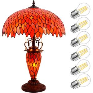 imageWERFACTORY Tiffany Style Table Lamp Red Stained Glass Wisteria MatherDaughter Vase Lamp 16X16X24 Inch Antique Desk Reading Light Decor Bedroom Living Room Home Office S523R Series