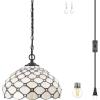 image:imageWERFACTORY Tiffany Pendant Light Plug in Cream Amber Bead Stained Glass 12 Inch Hanging Lamp Decor Island Kitchen Bar Hallway Dining Bedroom Entryway Home Office S005 Series