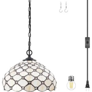 image:imageWERFACTORY Tiffany Pendant Light Plug in Cream Amber Bead Stained Glass 12 Inch Hanging Lamp Decor Island Kitchen Bar Hallway Dining Bedroom Entryway Home Office S005 Series