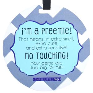 imageTHREE LITTLE TOTS  Blue Boy Preemie No Touching Baby Car Seat Sign or Stroller Tag  Preemie Gift  CPSIA Safety Tested