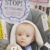 imageTHREE LITTLE TOTS  Blue Arrow Modern Stop No Touching Baby Car Seat Sign or Stroller Tag  CPSIA Safety Tested