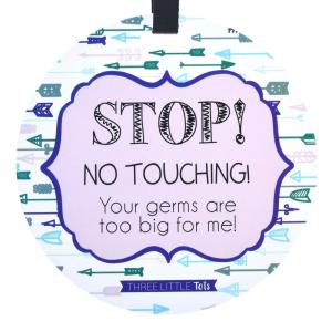 imageTHREE LITTLE TOTS  Blue Arrow Modern Stop No Touching Baby Car Seat Sign or Stroller Tag  CPSIA Safety Tested