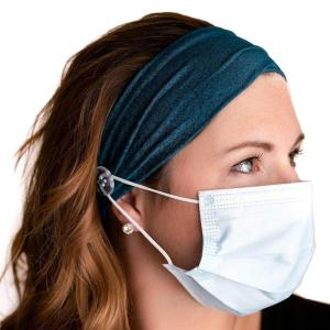 imageThree Little Tots Savior Band headbands with buttons for mask for nurses going out to the gym grocery store or other places to protect your ears BlackOcean Blue