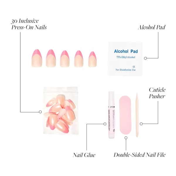 Glamnetic Press On Nails - Bubble Gum Glaze | Short Almond Pink French Tip Nails with a Glaze Finish | 15 Sizes - 30 Nail Kit with Glue