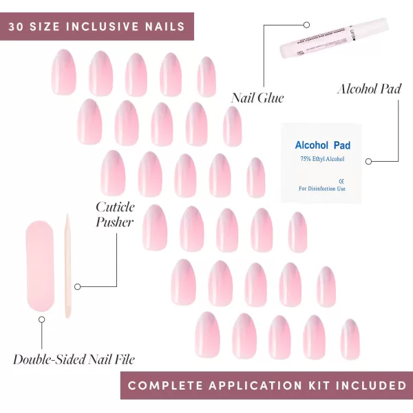 Glamnetic Press On Nails - Bubble Gum Glaze | Short Almond Pink French Tip Nails with a Glaze Finish | 15 Sizes - 30 Nail Kit with Glue