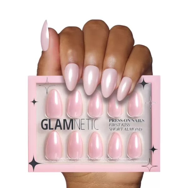 Glamnetic Press On Nails - Baby Blues | Short Almond, Pastel Blue Nails with a Mesmerizing Metallic Finish | 15 Sizes - 30 Nail Kit with Glue