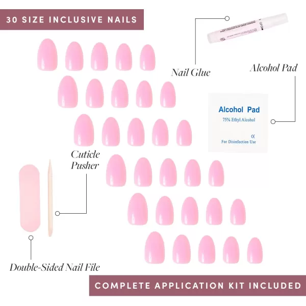 Glamnetic Press On Nails - Think Pink Solid Opaque Light Pastel Pink Short Oval False Nails, Reusable Stick On Fake Nails with Glue | Salon Quality | 15 Sizes - 30 Nail Kit