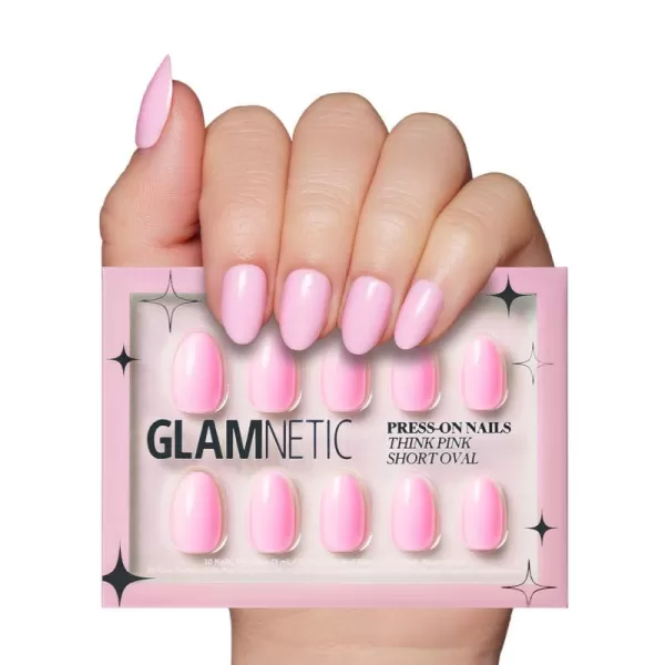 Glamnetic Press On Nails - Think Pink Solid Opaque Light Pastel Pink Short Oval False Nails, Reusable Stick On Fake Nails with Glue | Salon Quality | 15 Sizes - 30 Nail Kit