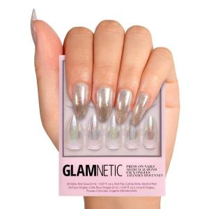 imageGlamnetic Press On Nails  Silver Belle  Short Round Natural Base Nails with 3D Silver Foil in a Glossy Finish  12 Sizes  30 Nail Kit with GlueStardust