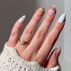 imageGlamnetic Press On Nails  Sanded  Short Almond Nude Fake Nails with Raised Gold Shell Accents Reusable Summer Nails  15 Sizes  30 Nail Kit with Glue2Sea Star