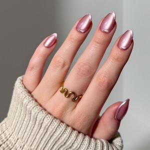 imageGlamnetic Press On Nails  Sanded  Short Almond Nude Fake Nails with Raised Gold Shell Accents Reusable Summer Nails  15 Sizes  30 Nail Kit with Glue4Mertini