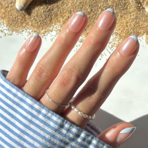 imageGlamnetic Press On Nails  Sanded  Short Almond Nude Fake Nails with Raised Gold Shell Accents Reusable Summer Nails  15 Sizes  30 Nail Kit with Glue7Into Blue