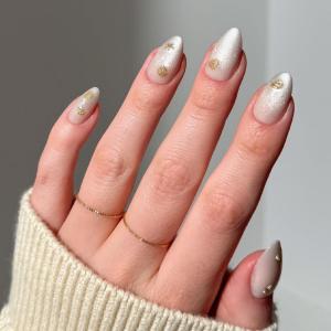 imageGlamnetic Press On Nails  Sanded  Short Almond Nude Fake Nails with Raised Gold Shell Accents Reusable Summer Nails  15 Sizes  30 Nail Kit with GlueSanded