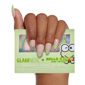 imageGlamnetic x Hello Kitty and Friends Press On Nails  Keroppi  Green French Tip Short Almond Graphic Nails in a Glossy  15 Sizes  30 Nail Kit with GlueKeroppi 2022