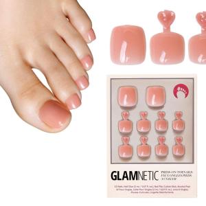 imageGlamnetic Press On Toenails  Cherry Glaze  Bright Red Fake Toe Nails with a Glazed Finish  16 Sizes  32 Toe Nail Kit with GlueSheer Peach
