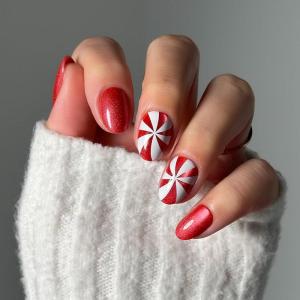 imageGlamnetic Press On Nails  Candy Crush  Short Oval Fake Nails with Candy Cane Swirl Design in a Velvet Finish Salon Quality Holiday Nails  15 Sizes  30 Nail Kit with Glue5  Candy Crush