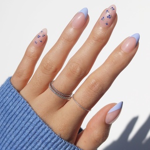 image:imageGlamnetic Press On Nails  Bluebelle  Short Almond Fake Nails with Pale Blue French Tips amp 3D Blueberry Accents on SemiSheer Base Glossy Finish Salon Quality  15 Sizes  30 Nail Kit with Glue1  Bluebelle