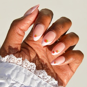 image:imageGlamnetic Press On Nails  Bluebelle  Short Almond Fake Nails with Pale Blue French Tips amp 3D Blueberry Accents on SemiSheer Base Glossy Finish Salon Quality  15 Sizes  30 Nail Kit with Glue8  Strawberry Bits