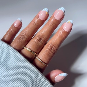 image:imageGlamnetic Press On Nails  Summer Fresco  Short Oval Fake Nails with Striped Blue French Tips amp Lemon Accents  Salon Quality Summer Nails  15 Sizes  30 Nail Kit with Glue