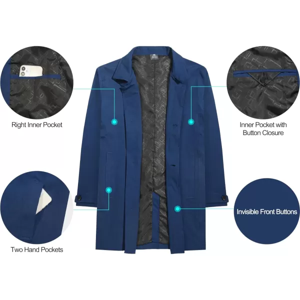 Little Donkey Andy Men's Waterproof Mid-Length Trench Coat, Lightweight Long Rain Coat, Single Breasted Overcoat