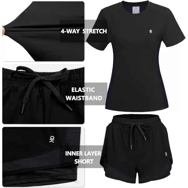 Little Donkey Andy Women 2 Piece Workout Sets Slim Fit Shirt and Mesh Short with Pocket Running Gym Sport Tracksuit Sets
