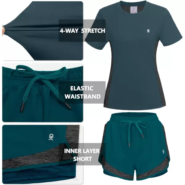 Little Donkey Andy Women 2 Piece Workout Sets Slim Fit Shirt and Mesh Short with Pocket Running Gym Sport Tracksuit Sets