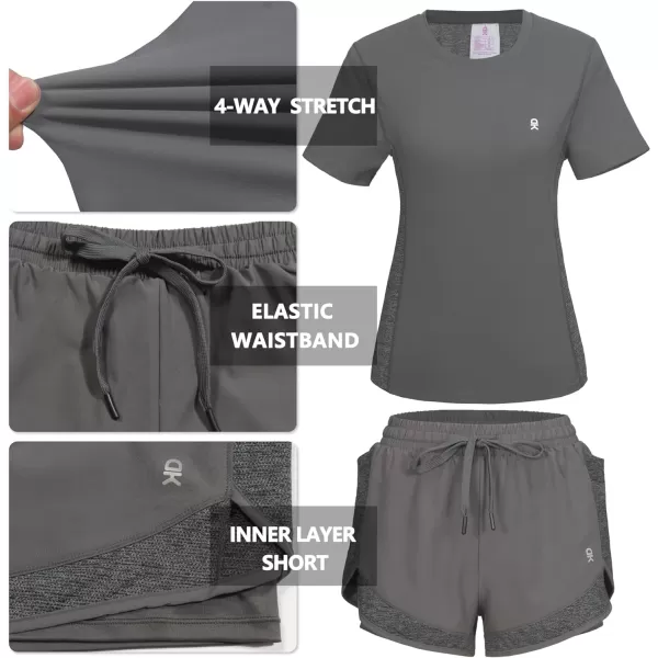 Little Donkey Andy Women 2 Piece Workout Sets Slim Fit Shirt and Mesh Short with Pocket Running Gym Sport Tracksuit Sets