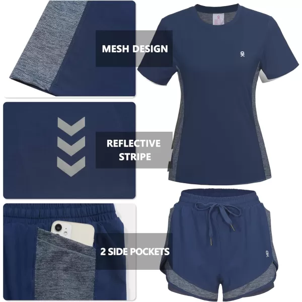 Little Donkey Andy Women 2 Piece Workout Sets Slim Fit Shirt and Mesh Short with Pocket Running Gym Sport Tracksuit Sets