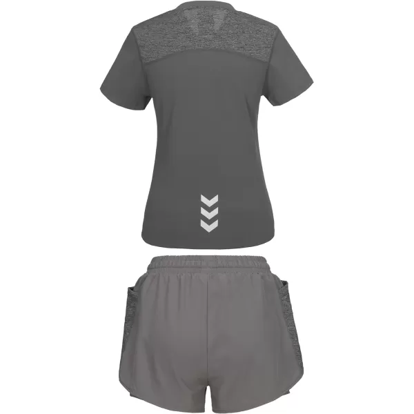 Little Donkey Andy Women 2 Piece Workout Sets Slim Fit Shirt and Mesh Short with Pocket Running Gym Sport Tracksuit Sets
