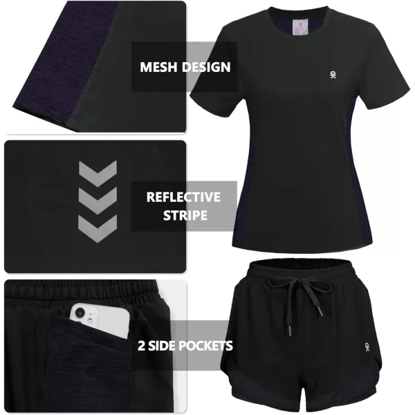 Little Donkey Andy Women 2 Piece Workout Sets Slim Fit Shirt and Mesh Short with Pocket Running Gym Sport Tracksuit Sets