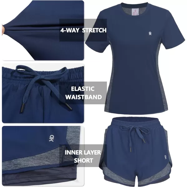 Little Donkey Andy Women 2 Piece Workout Sets Slim Fit Shirt and Mesh Short with Pocket Running Gym Sport Tracksuit Sets