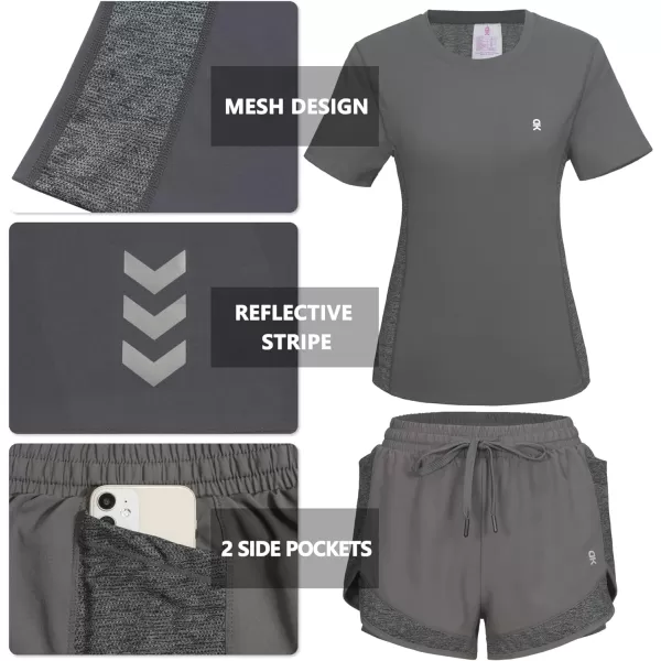 Little Donkey Andy Women 2 Piece Workout Sets Slim Fit Shirt and Mesh Short with Pocket Running Gym Sport Tracksuit Sets