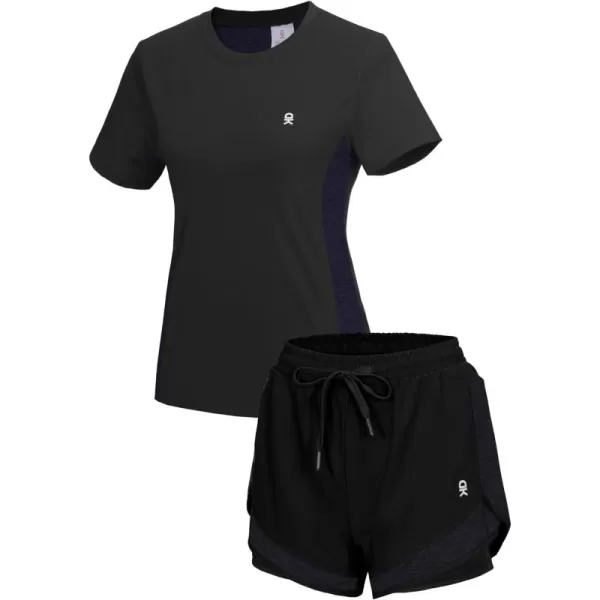 Little Donkey Andy Women 2 Piece Workout Sets Slim Fit Shirt and Mesh Short with Pocket Running Gym Sport Tracksuit Sets