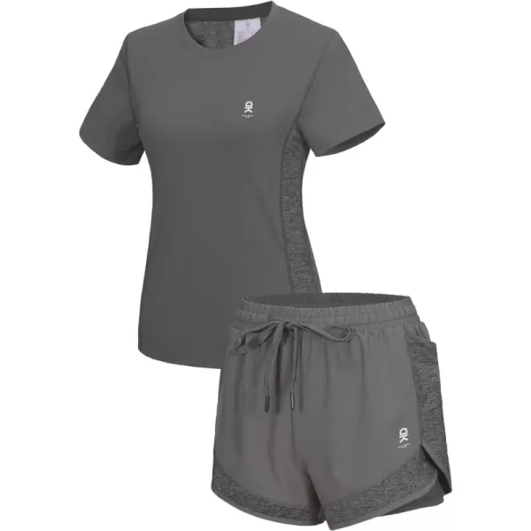 Little Donkey Andy Women 2 Piece Workout Sets Slim Fit Shirt and Mesh Short with Pocket Running Gym Sport Tracksuit Sets