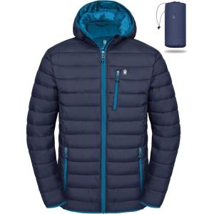 imageLittle Donkey Andy Mens Packable Puffer Jacket Lightweight Hooded Windproof Winter Coat with Recycled InsulationDeep Blue