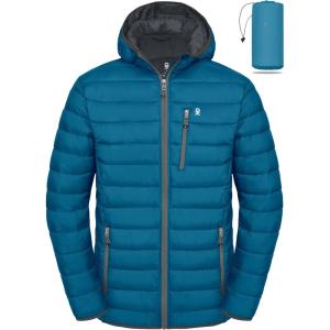 imageLittle Donkey Andy Mens Packable Puffer Jacket Lightweight Hooded Windproof Winter Coat with Recycled InsulationFjord Blue