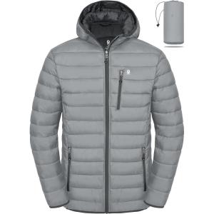 imageLittle Donkey Andy Mens Packable Puffer Jacket Lightweight Hooded Windproof Winter Coat with Recycled InsulationLight Grey