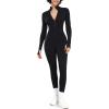 imageLittle Donkey Andy Womens Long Sleeve Ribbed Jumpsuit Zip Up Front Workout Bodycon Romper ThumbholeMysterious Black