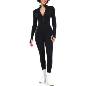 imageLittle Donkey Andy Womens Long Sleeve Ribbed Jumpsuit Zip Up Front Workout Bodycon Romper ThumbholeMysterious Black