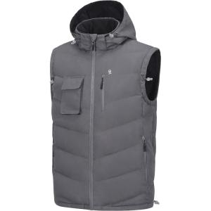 imageLittle Donkey Andy Mens Reversible Fleece Puffy Vest Warm Sleeveless Puffer Jacket with Removable Hood for Golfing HikingGrey